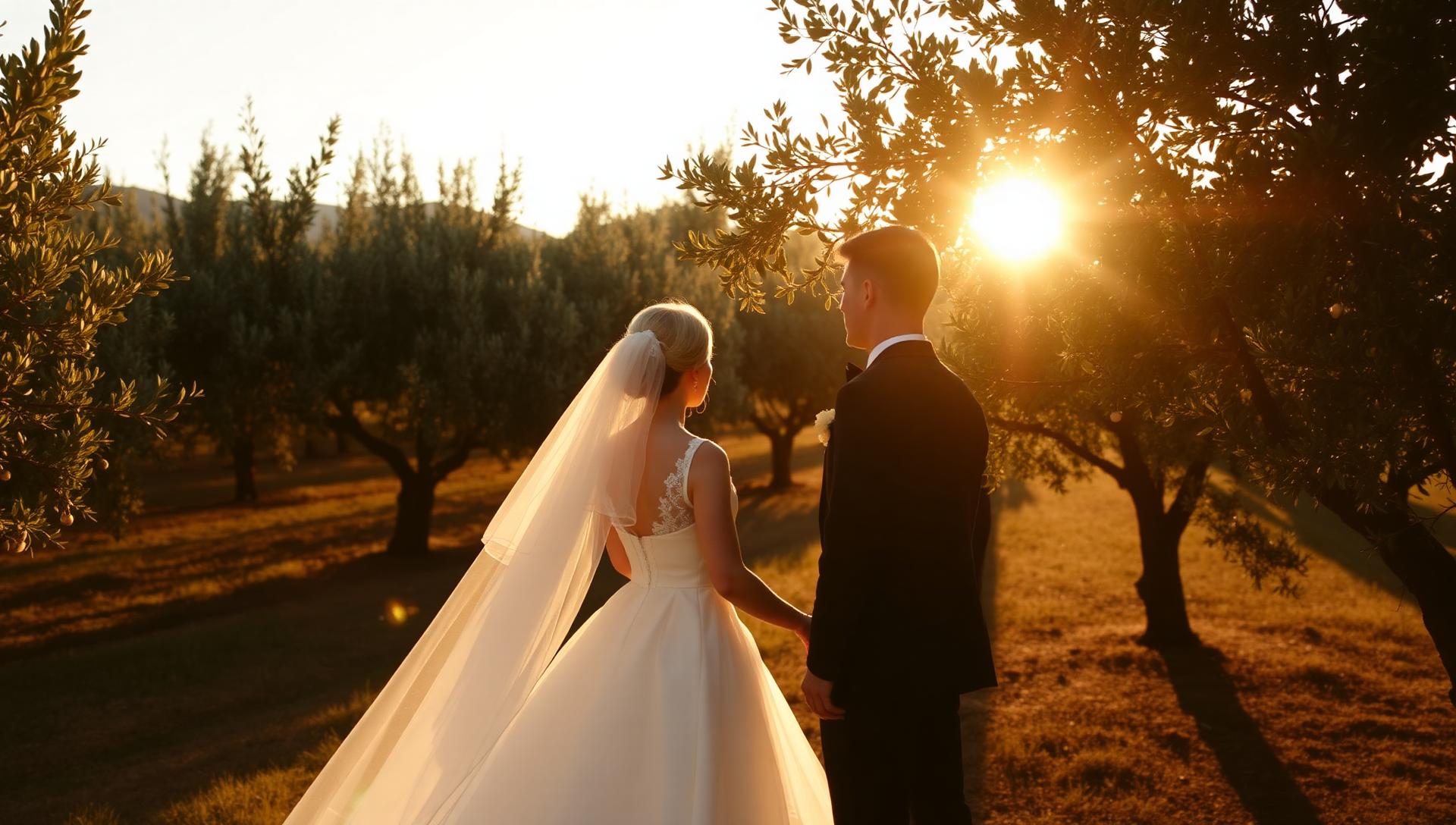 Couple at golden hour in an olive grove